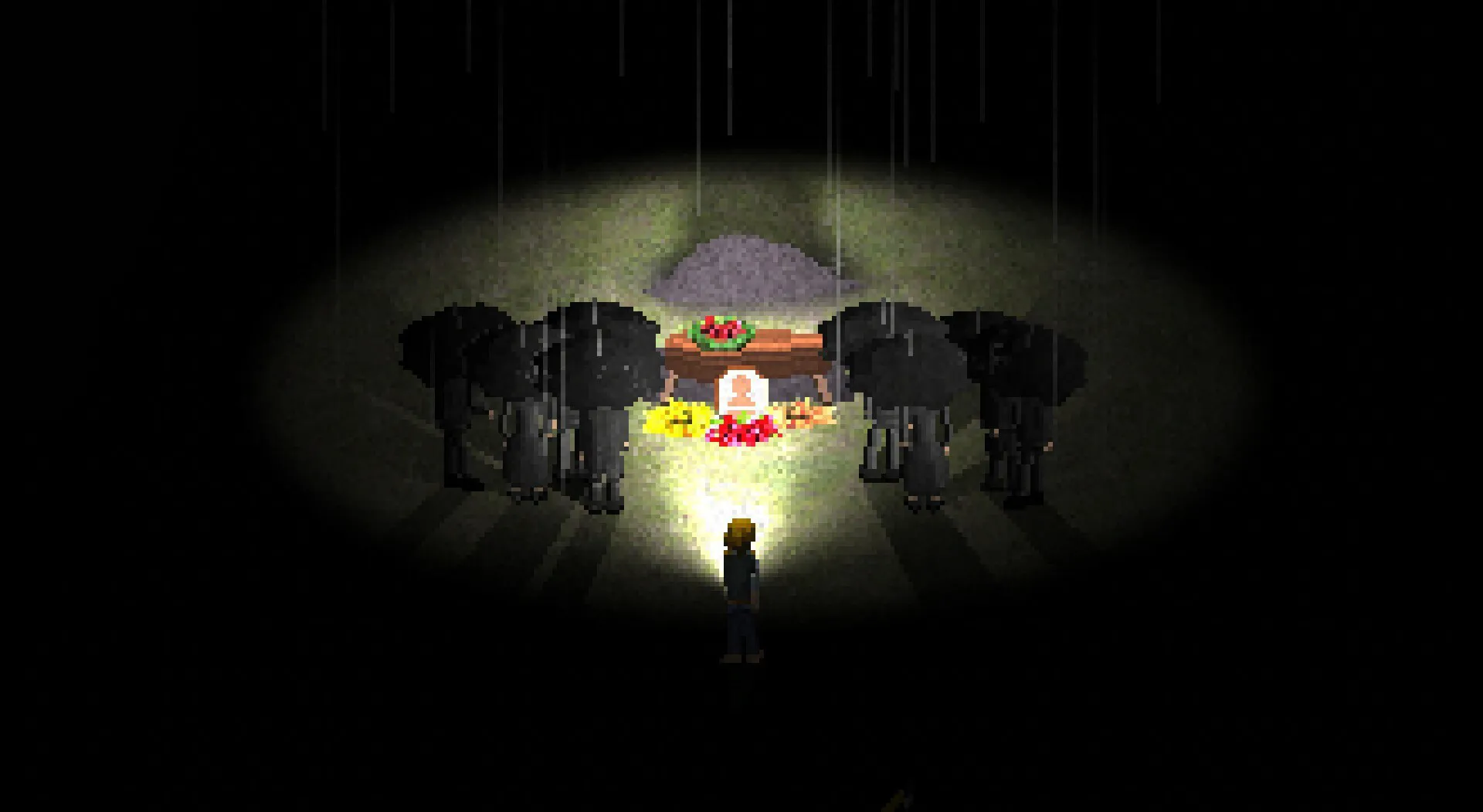 Mourners under black umbrellas around a lit grave in a rainy forest
