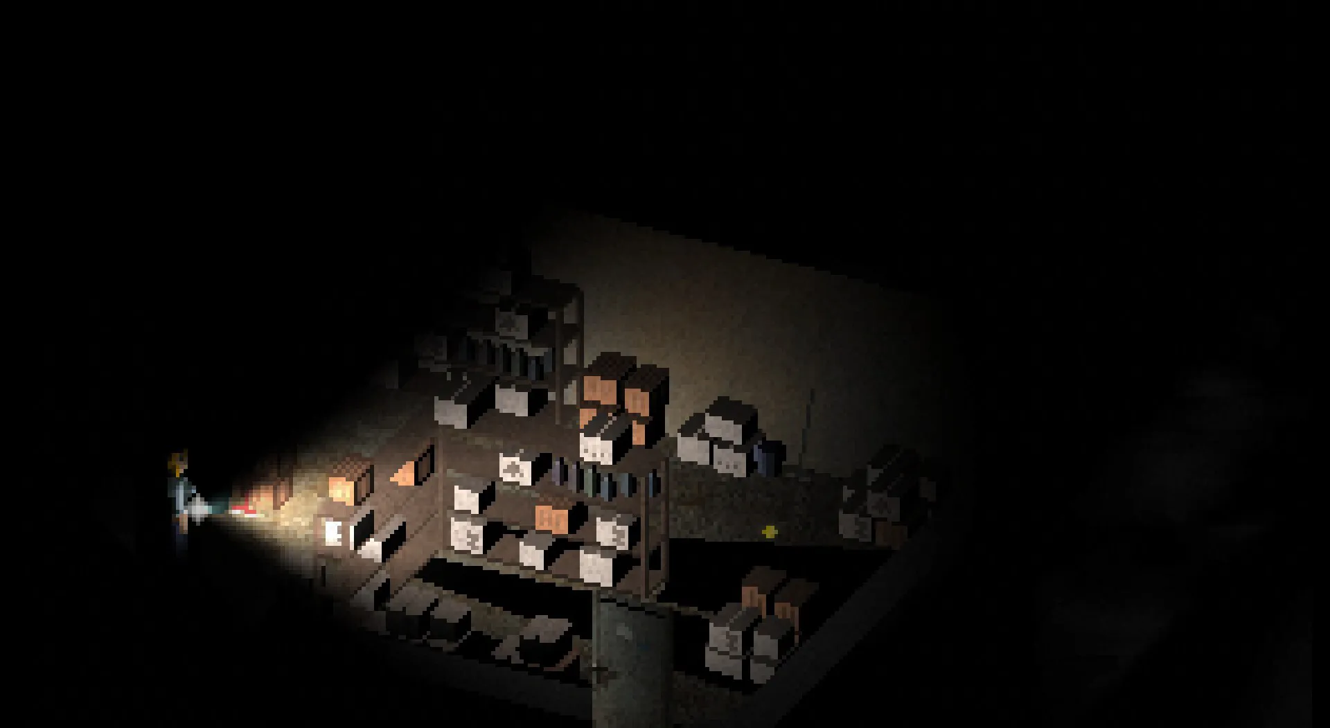 An abandoned storage room of stacked crates, lit by a single beam of light