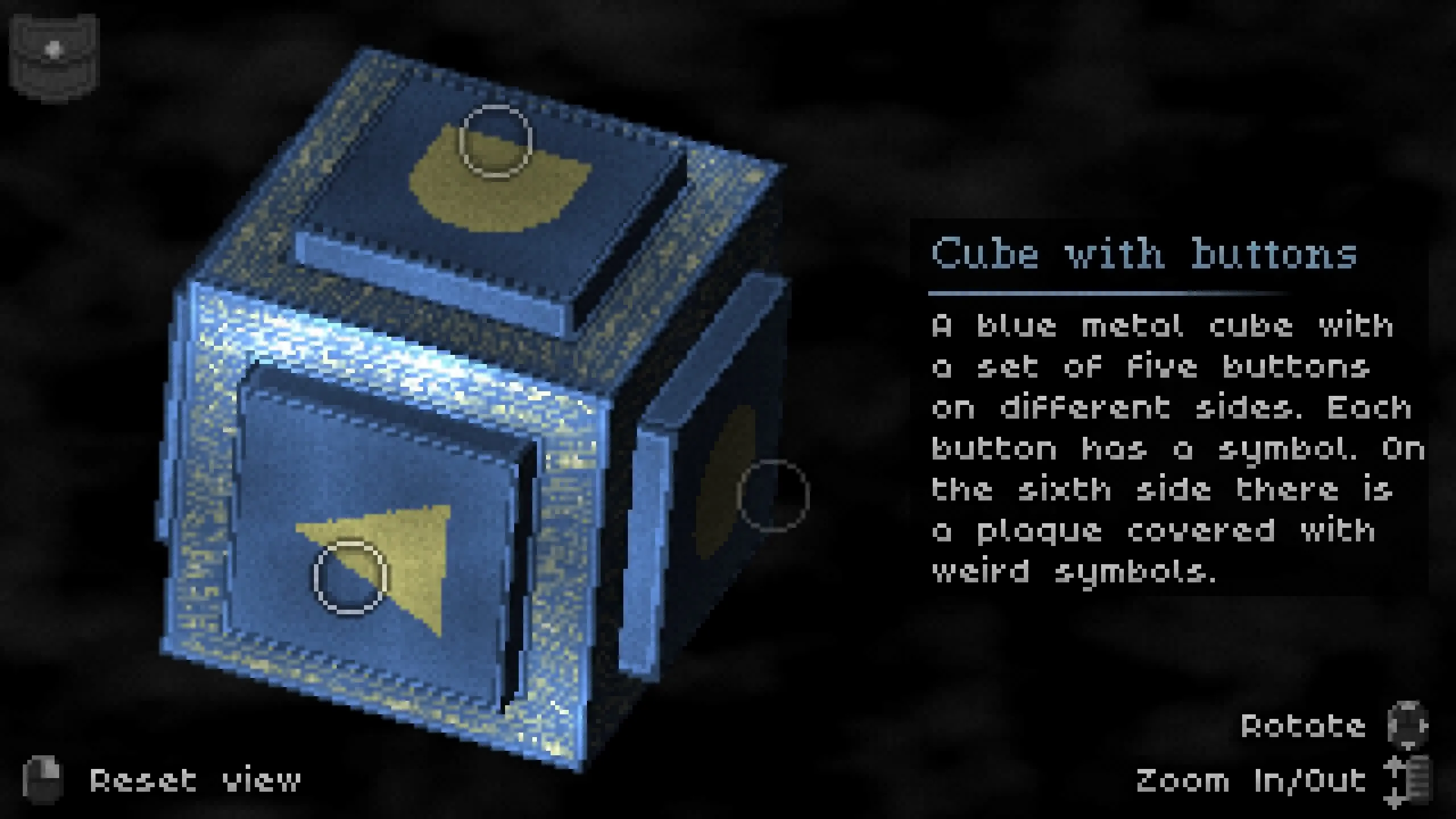 A blue metal cube puzzle held in the item viewer