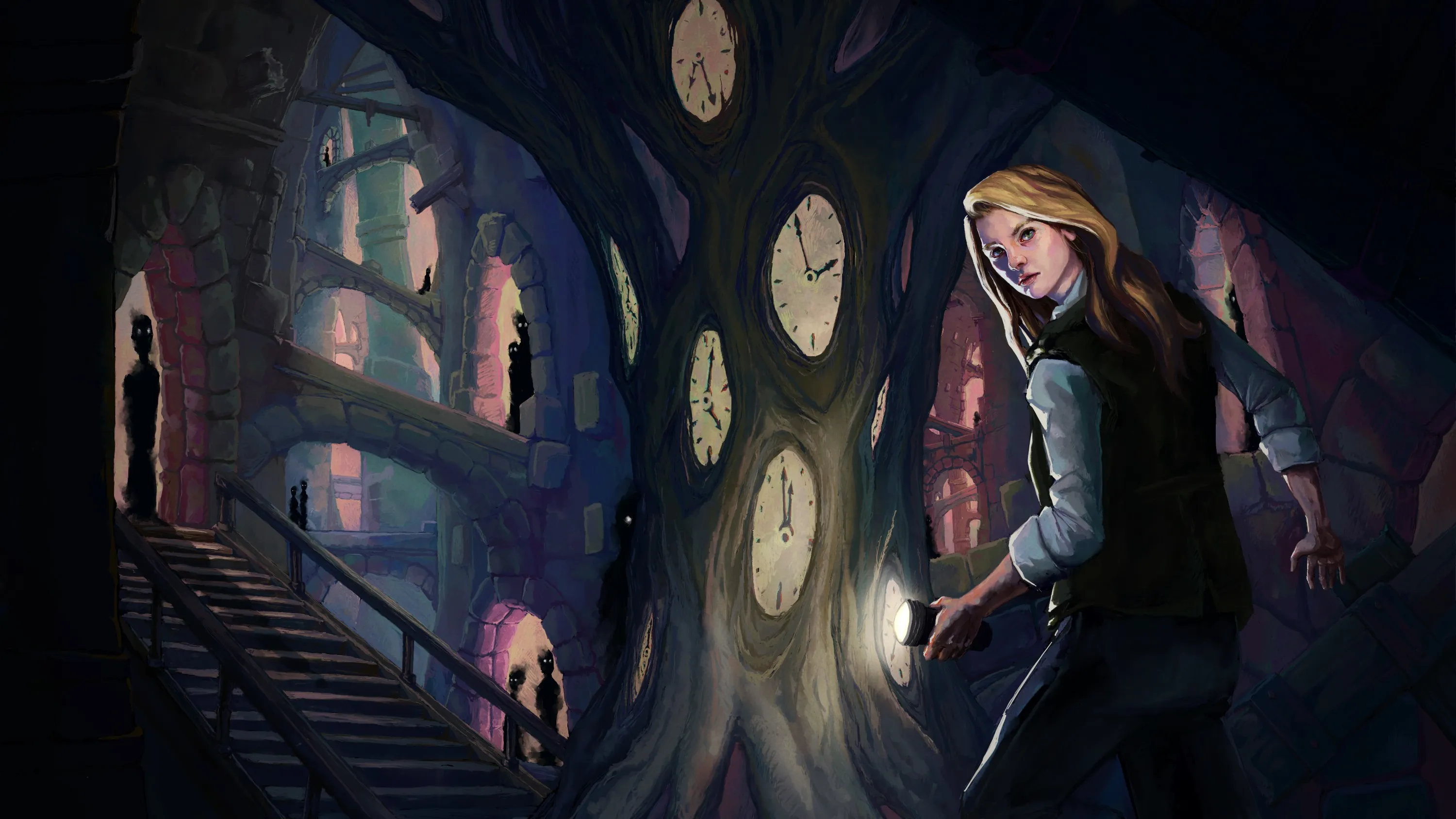Amy holding a torch beneath a vast tree of clocks, watched by shadowy figures