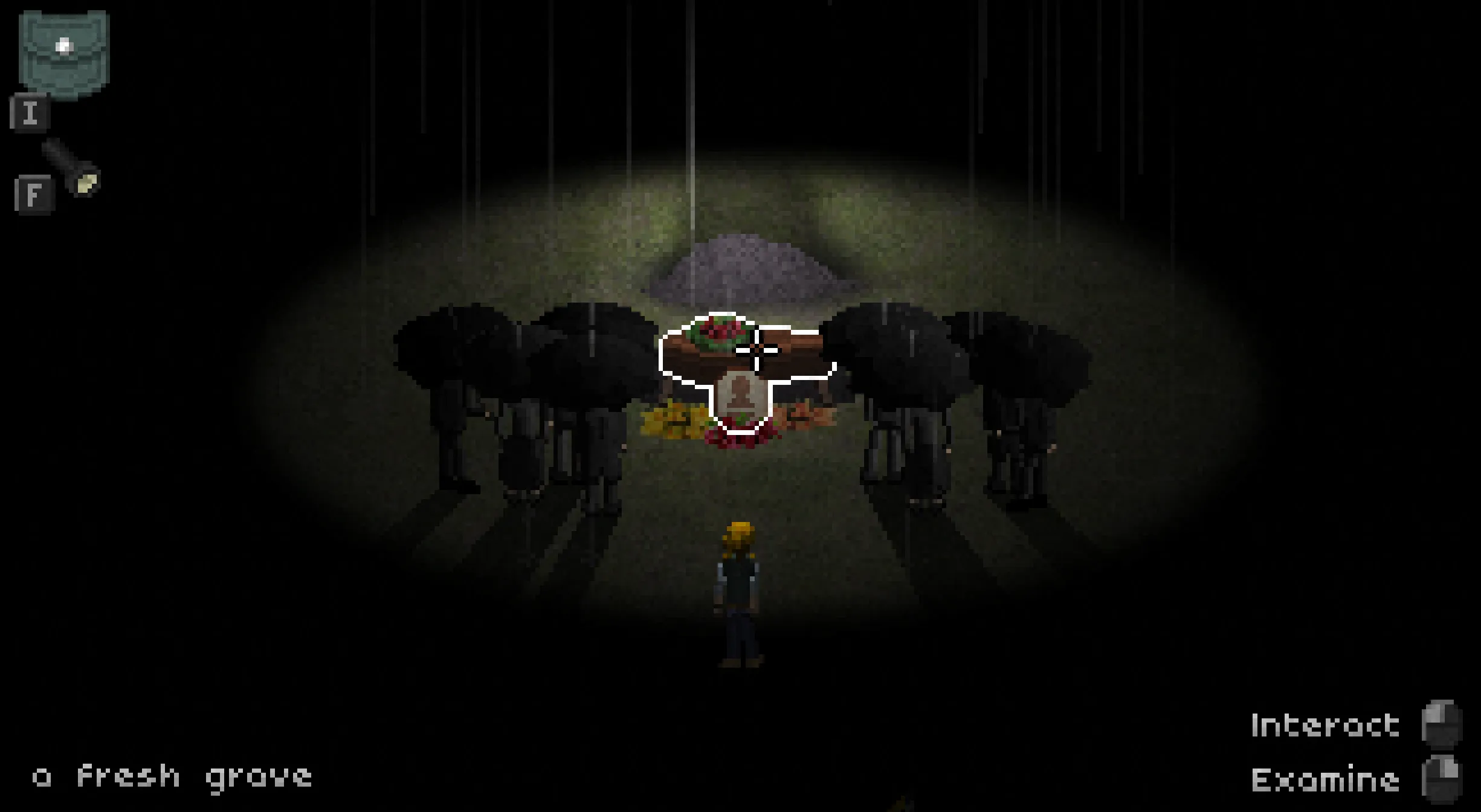 Amy standing over a fresh grave in a moonlit forest clearing