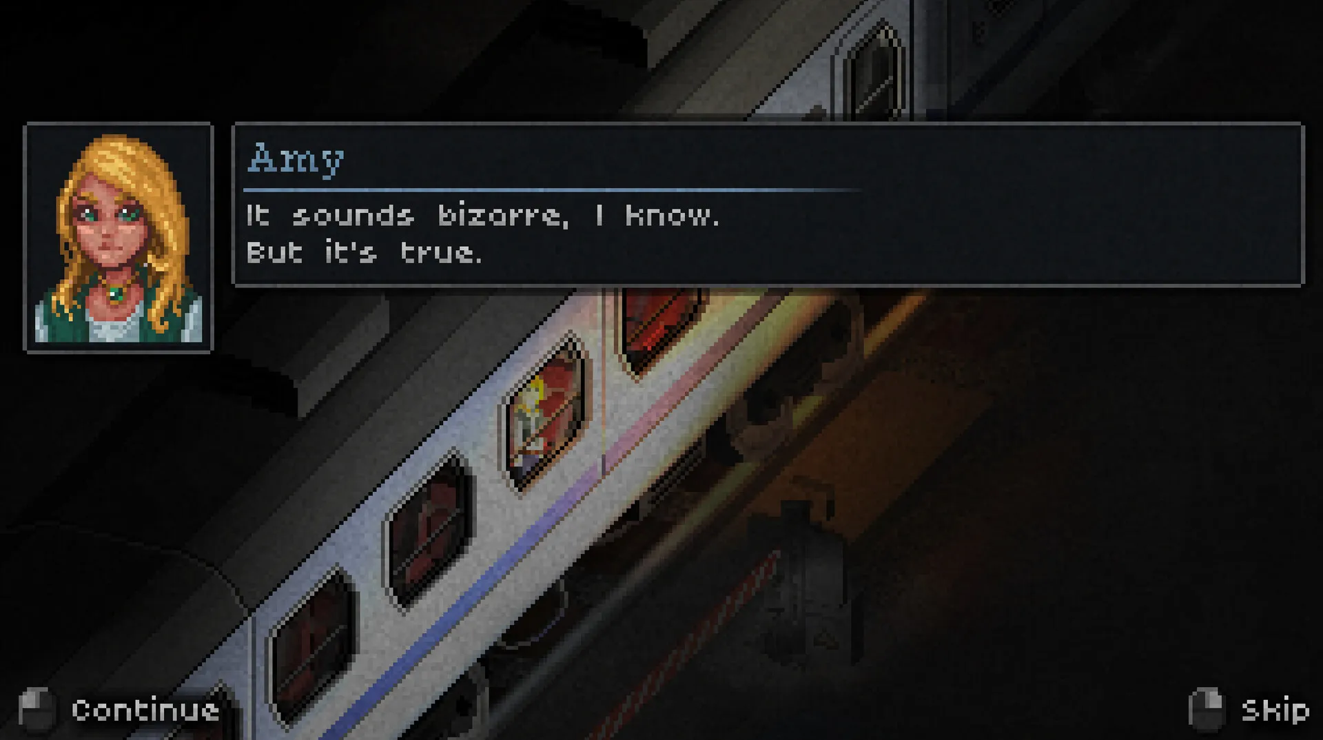 Amy talking to a passenger inside a moving night train