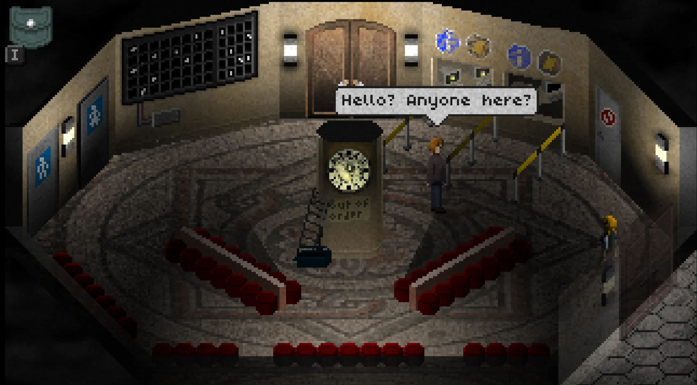 The deserted lobby of an abandoned cinema with a stopped clock