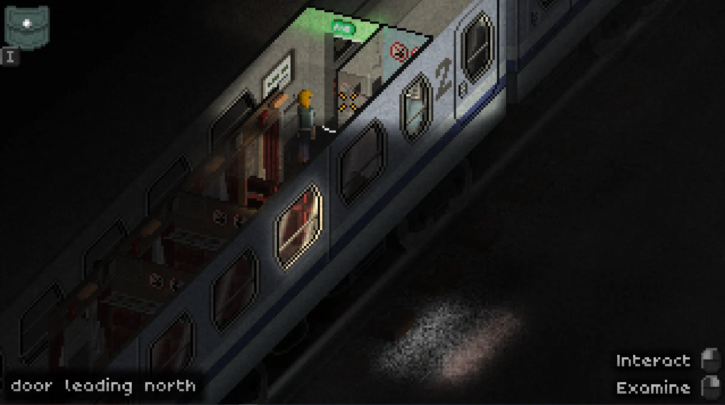 A dim train corridor with a door leading north