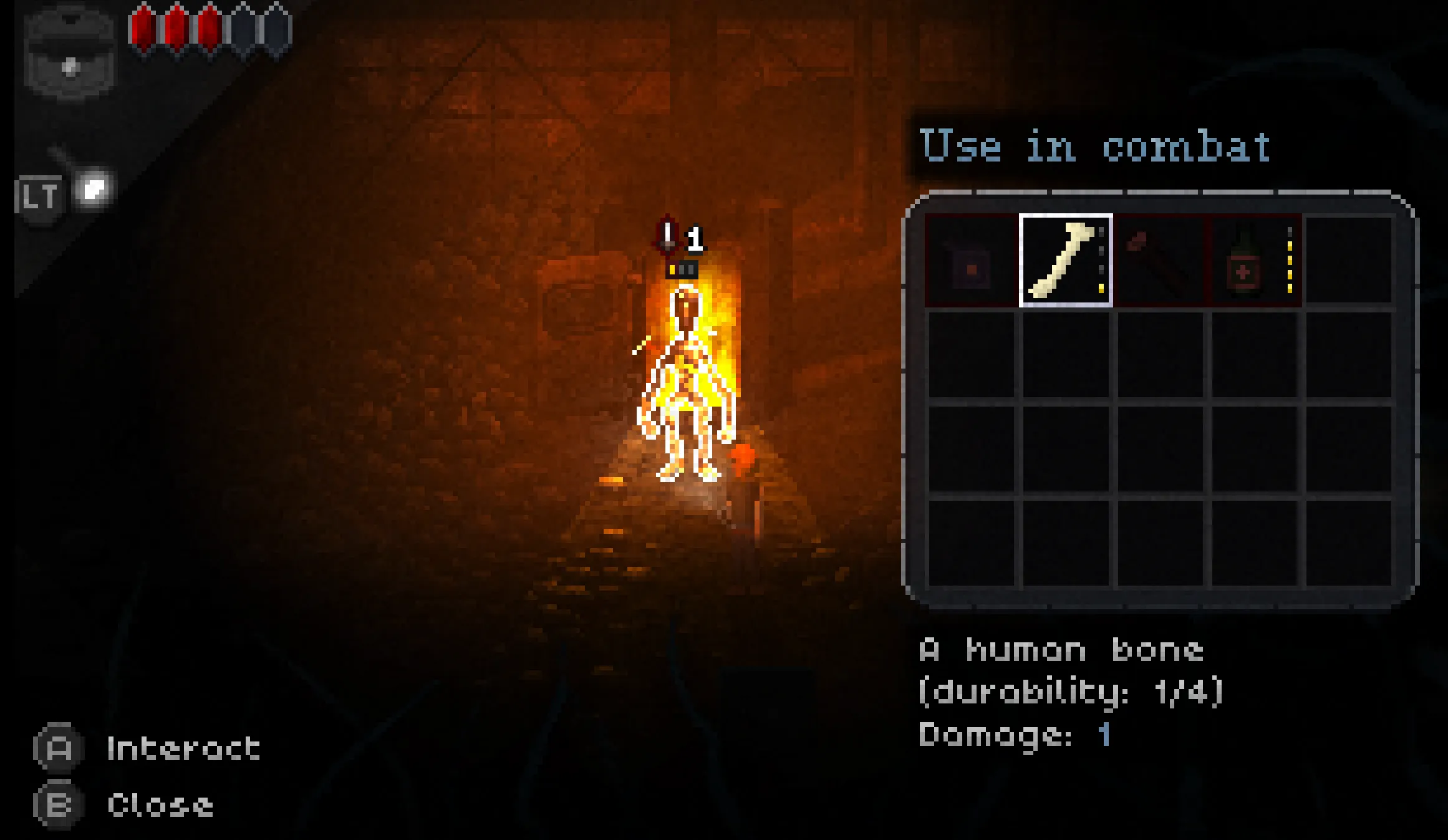 Turn-based combat against a burning figure in a stone tunnel