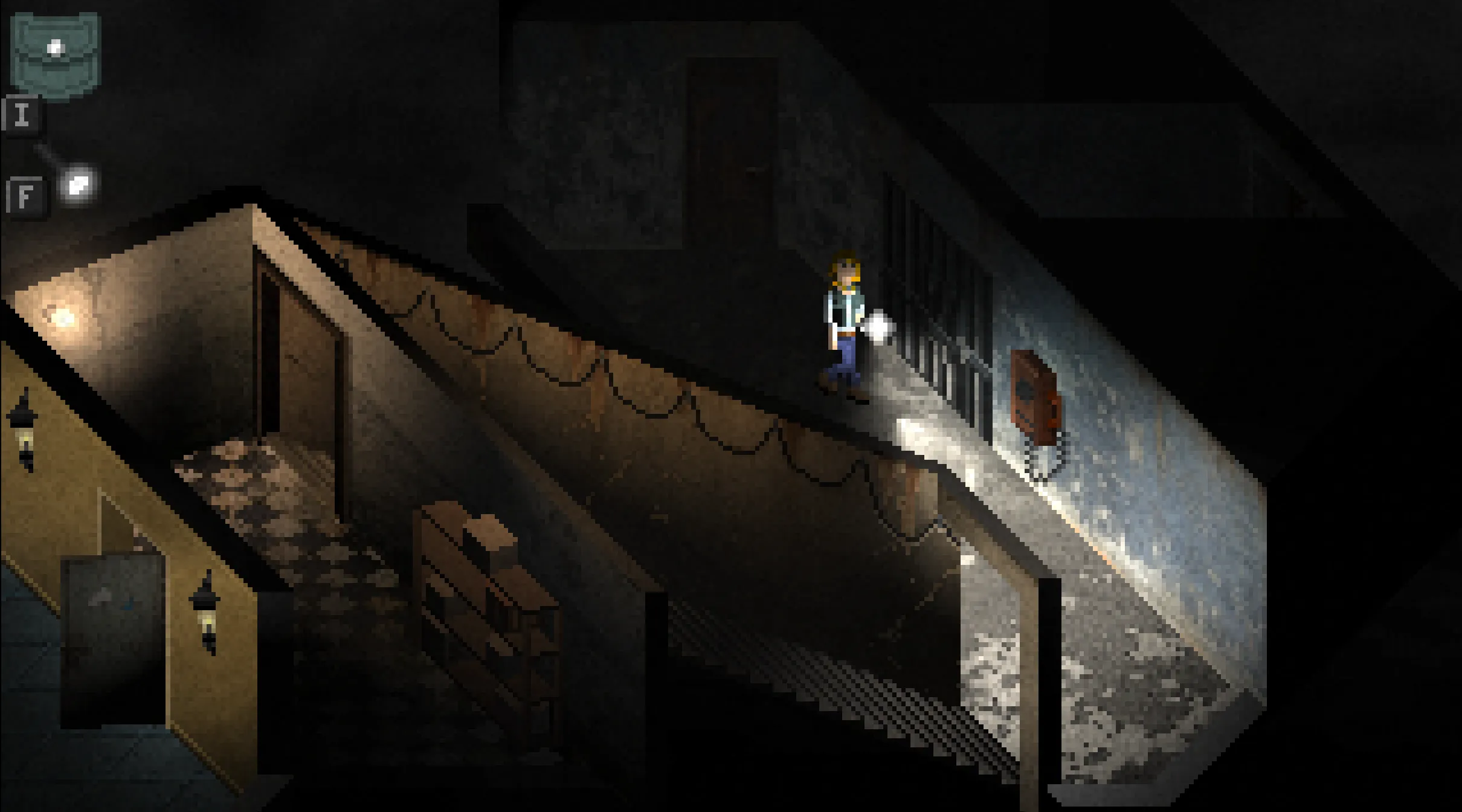 A flashlit basement stairwell in the abandoned city