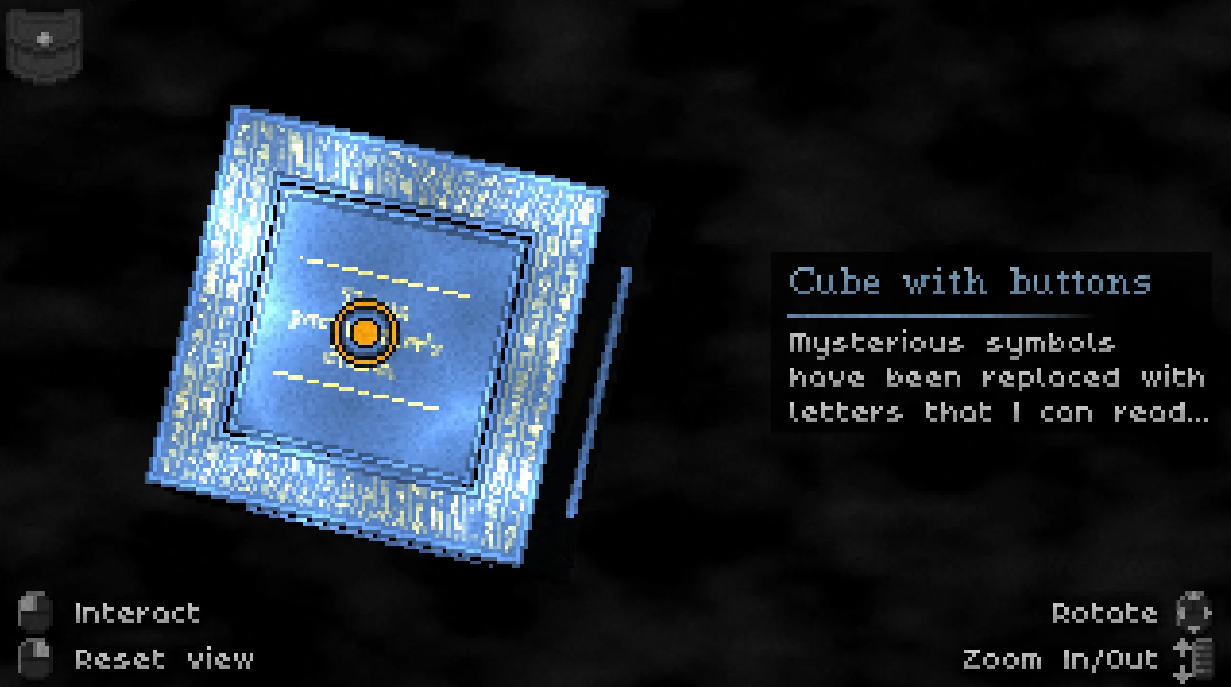 Inspecting a blue metal cube covered in symbols